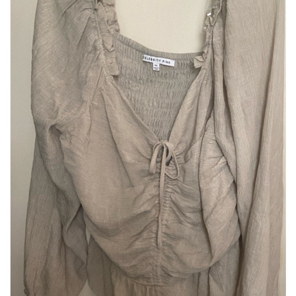 Celebrity Pink ..  Sage green with Ruched Tie Front Blouse.